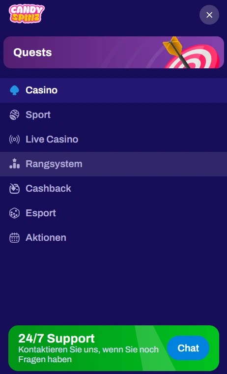 CandySpinz Casino Mobiles Menu
