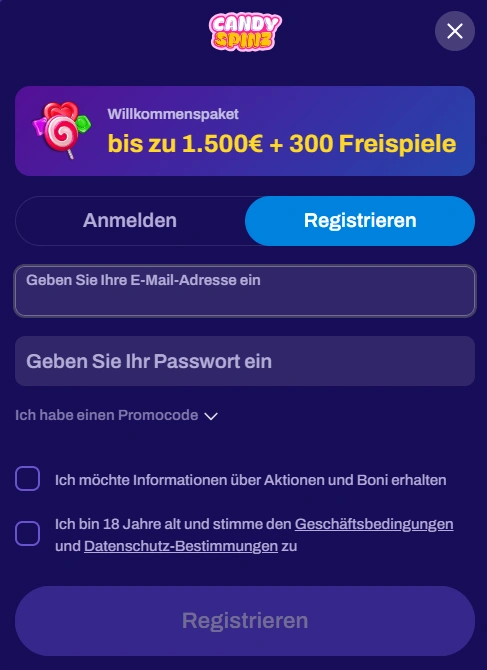 CandySpinz Casino Registrierung formular